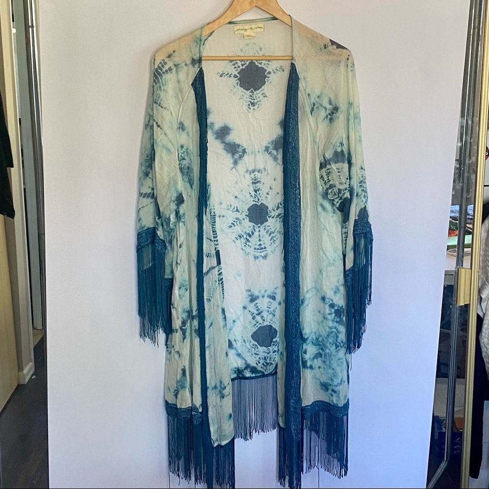 Staring At Stars Blue Tie Dye Fringe Open Cardigan